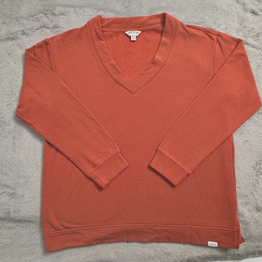 Orvis V-Neck Sweatshirt Women's Medium M Salmon Orange Long Sleeve Casual